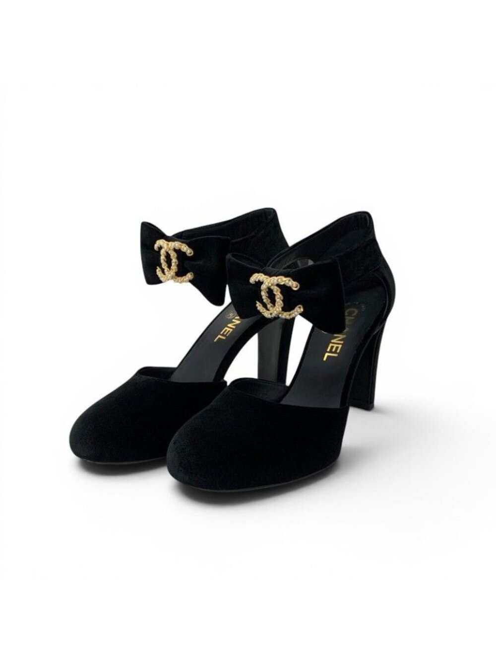 Chanel Pumps Shoes Velour Black Gold CC Logo Ribbon Pearl Velcro Strap